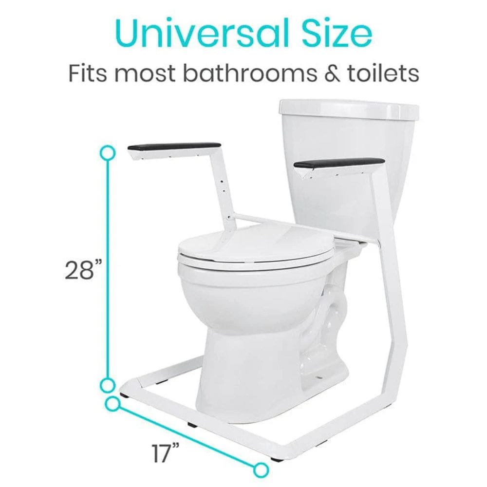 White toilet seat with stand and measurements on a white background