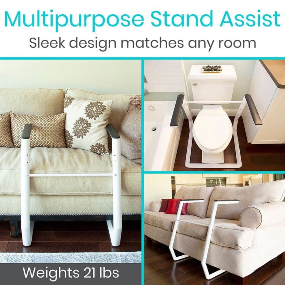 Multipurpose stand assist product used under a sofa and near a toilet with text highlighting its versatility.