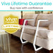 Beige sofa with a white metal frame in a living room setting, featuring Vive Health Lifetime Guarantee badge.