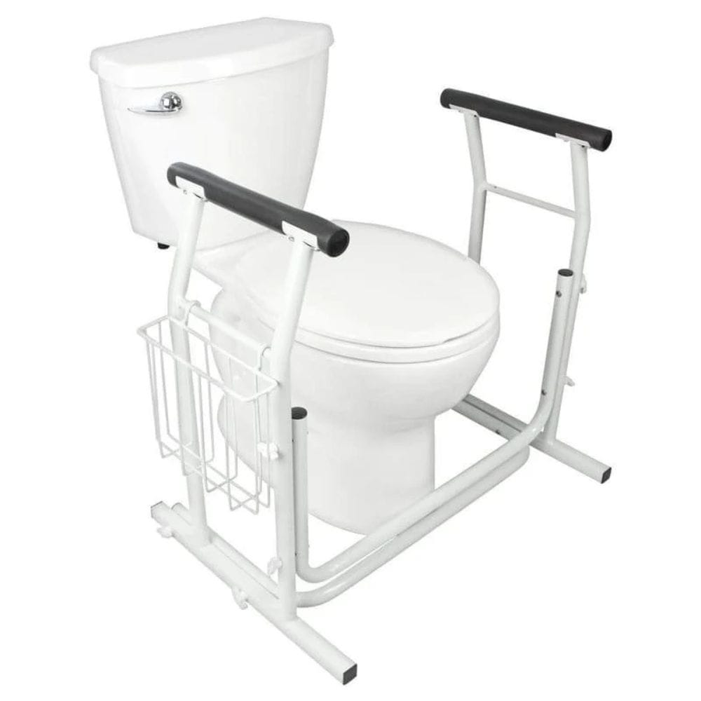 White toilet with a support frame on a white background