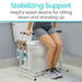 Person using a stabilizing support device while sitting on a toilet.