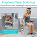 Woman using a toilet safety frame with magazine holder, text 'Improve Your Balance' and 'Includes Convenient Magazine Holder'.
