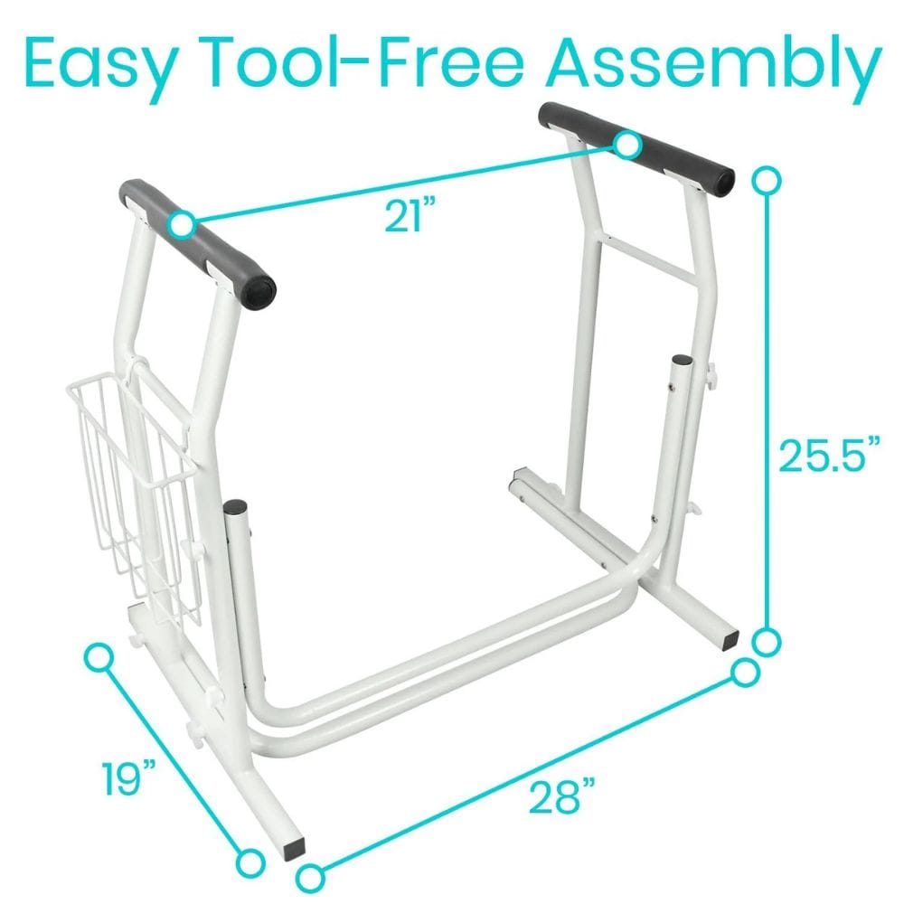 White exercise bike frame with measurements and 'Easy Tool-Free Assembly' text on a white background