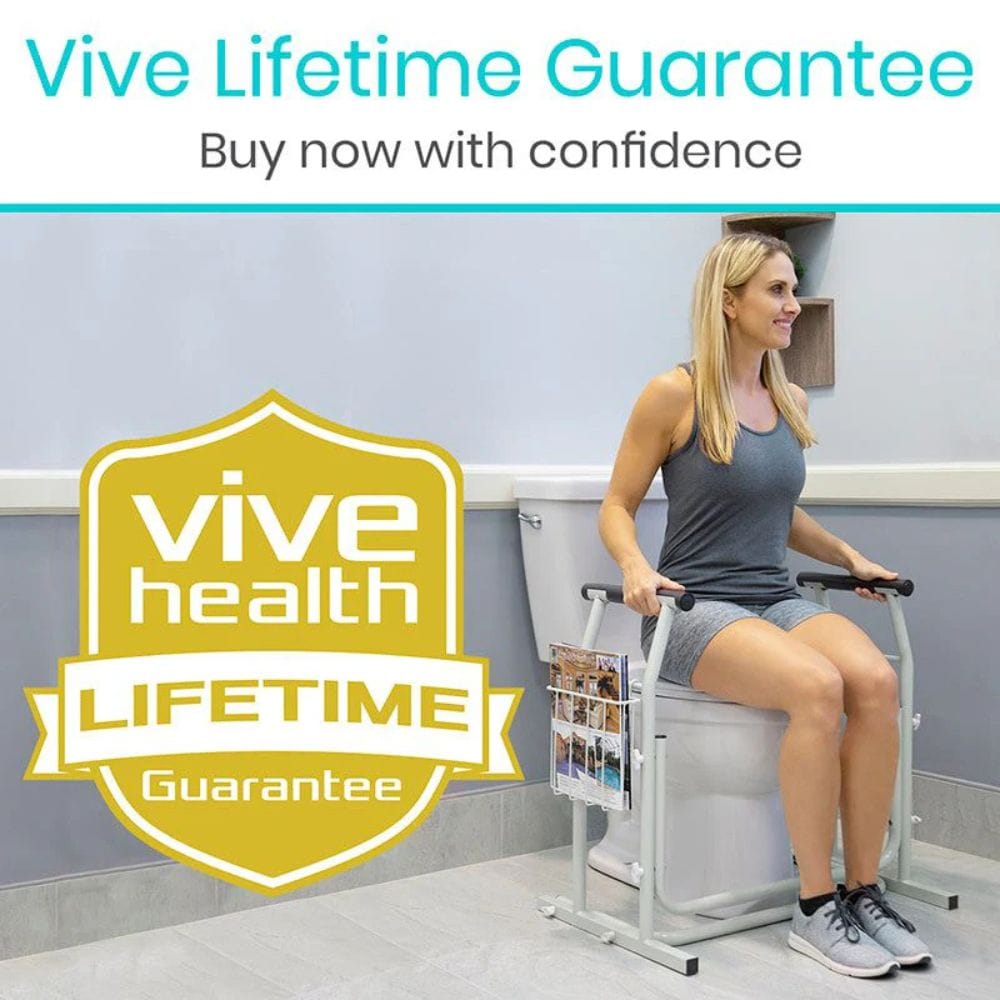 Woman using a Vive Health product with a lifetime guarantee badge on a light blue background