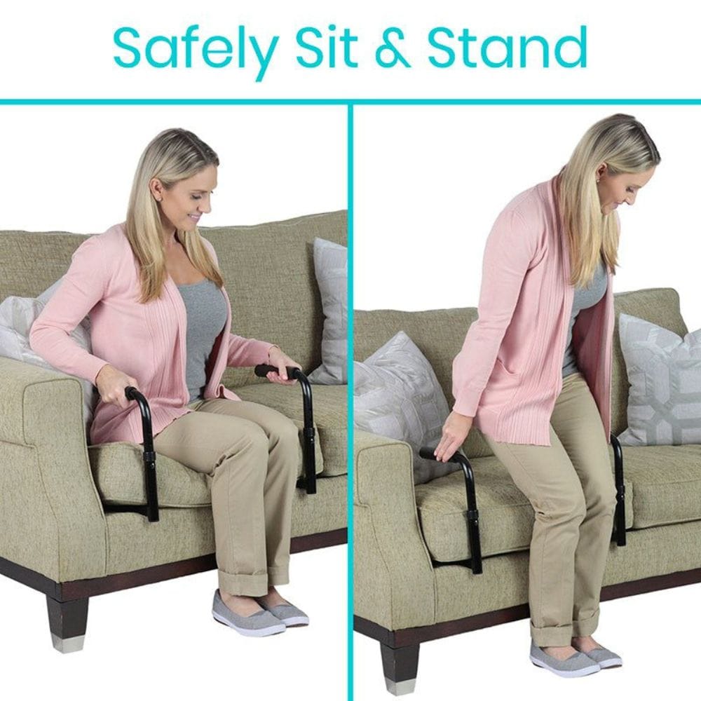 Woman using a safety aid to safely sit and stand from a couch.