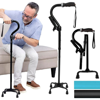 Man using a black adjustable cane with additional canes displayed on a white background