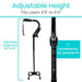 Adjustable height walking cane with specifications on a white background