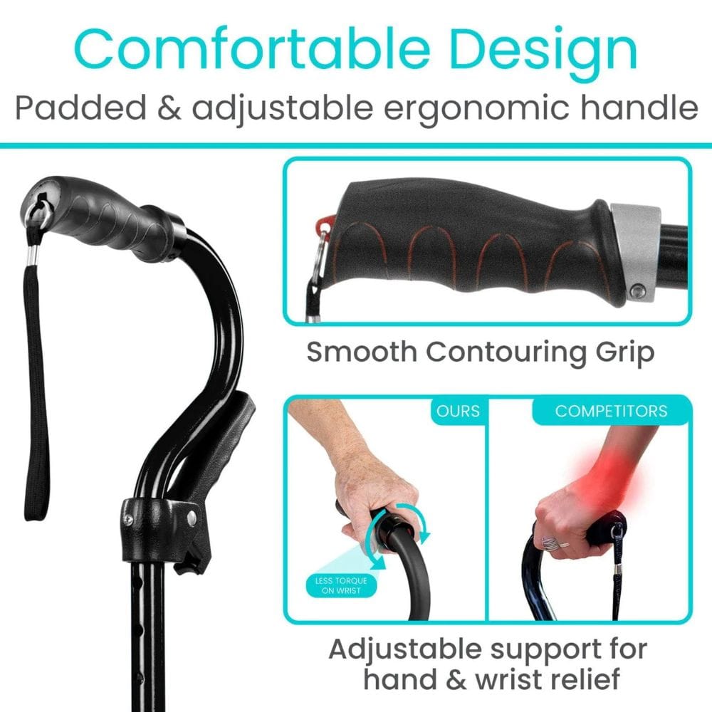 Padded and adjustable ergonomic handle with text highlighting features on a white background