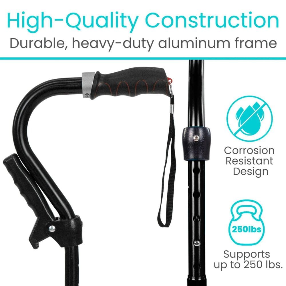 Black adjustable walking cane with text highlighting high-quality construction and durability.