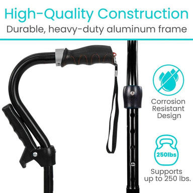 Black adjustable walking cane with text highlighting high-quality construction and durability.