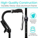 Black adjustable walking cane with text highlighting high-quality construction and durability.