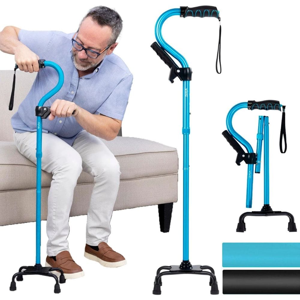 Man using a blue adjustable cane with different views of the cane on a white background