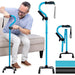 Man using a blue adjustable cane with different views of the cane on a white background
