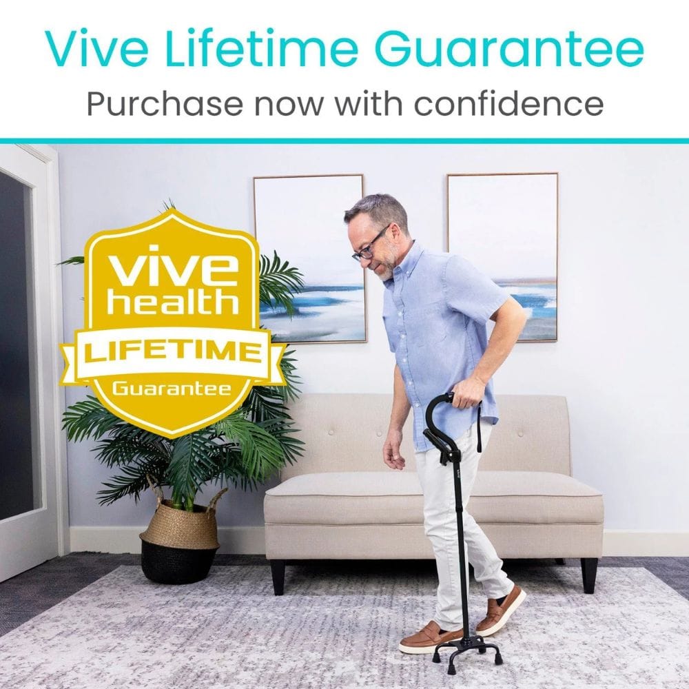Man using a cane in a living room with 'Vive Health' lifetime guarantee badge.