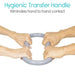 Hygienic transfer handle being used by two pairs of hands with text indicating it eliminates hand-to-hand contact.