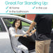 Woman using a device to assist her in getting out of a car with text indicating its usefulness at home, in the car, and in the bathroom.