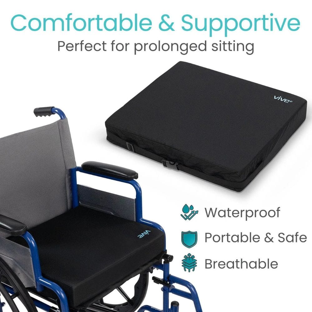 Wheelchair cushion with 'VIVA' branding on a white background, highlighting features like comfort, support, and safety.