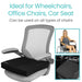 Chair cushion with text indicating its suitability for wheelchairs, office chairs, and car seats.