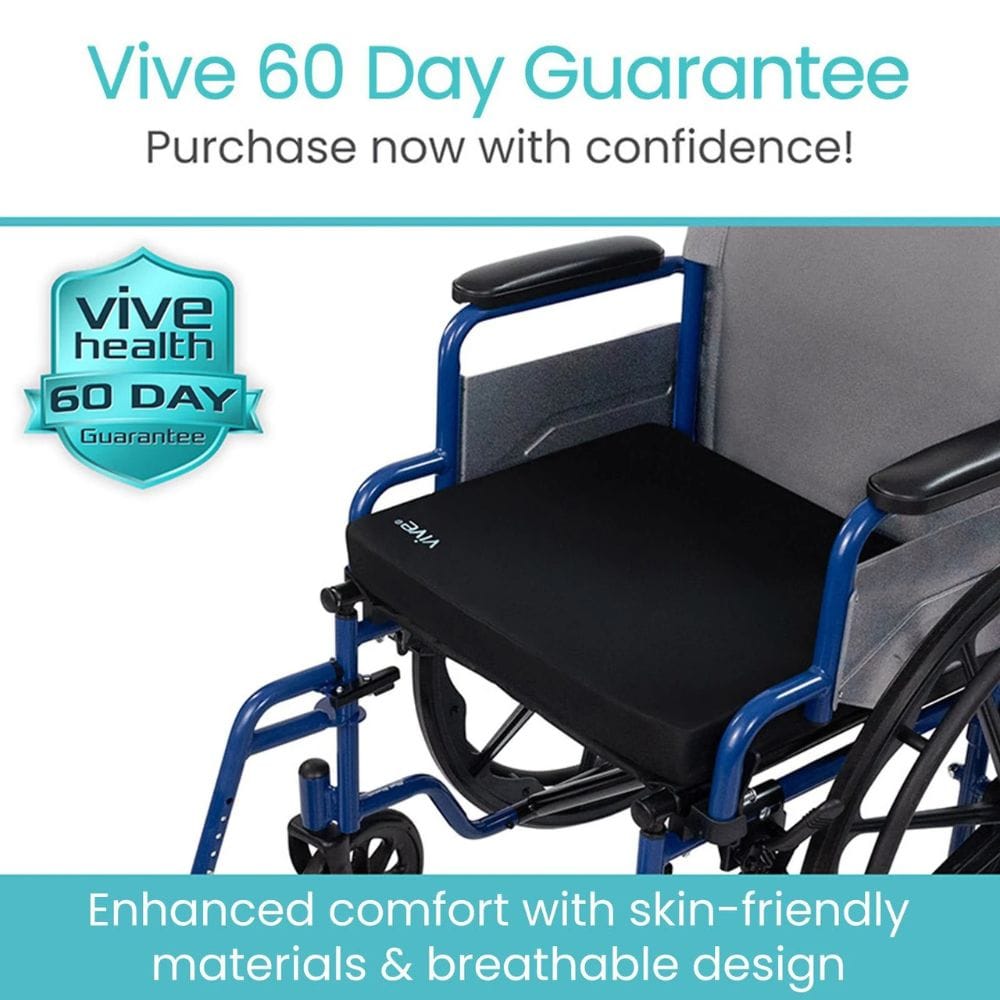 Wheelchair with black seat cover and blue frame, featuring Vive Health 60-day guarantee on a white background.