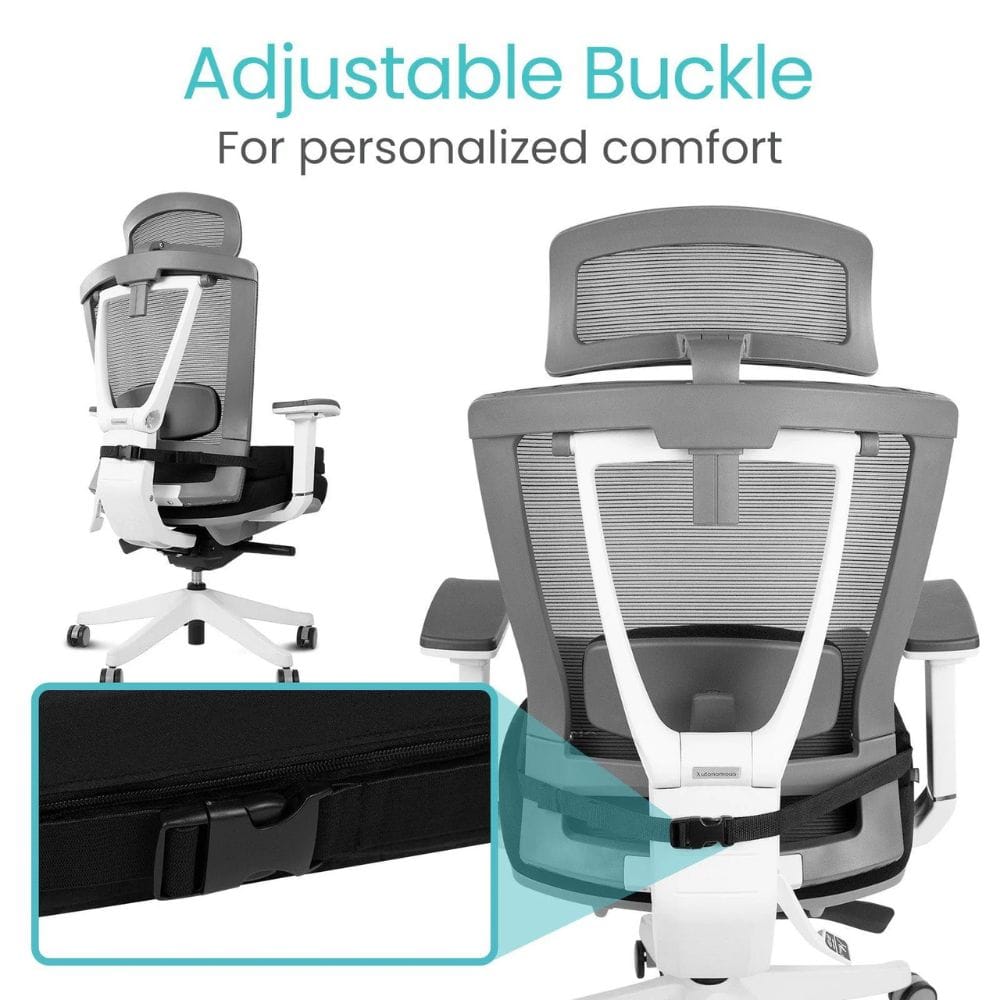 Ergonomic office chair with adjustable buckle feature on a white background