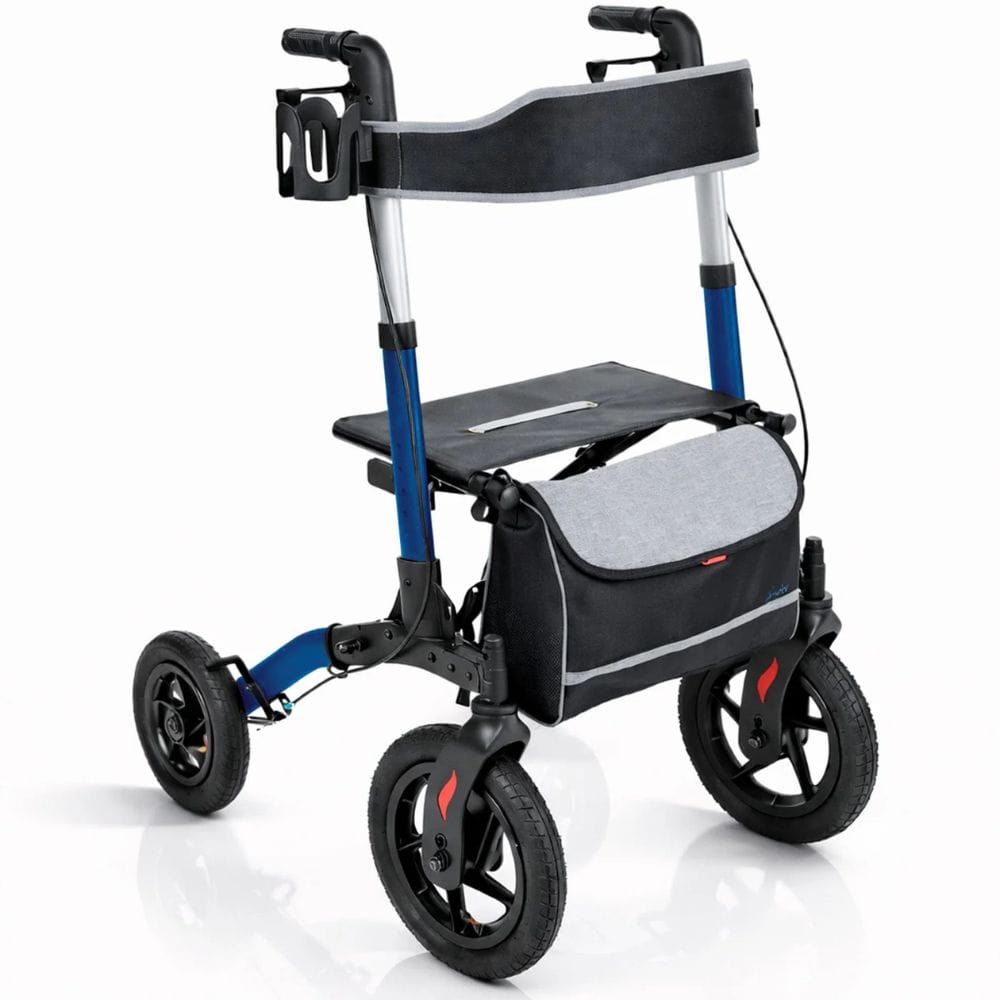 Rollator with a blue backrest on a white background