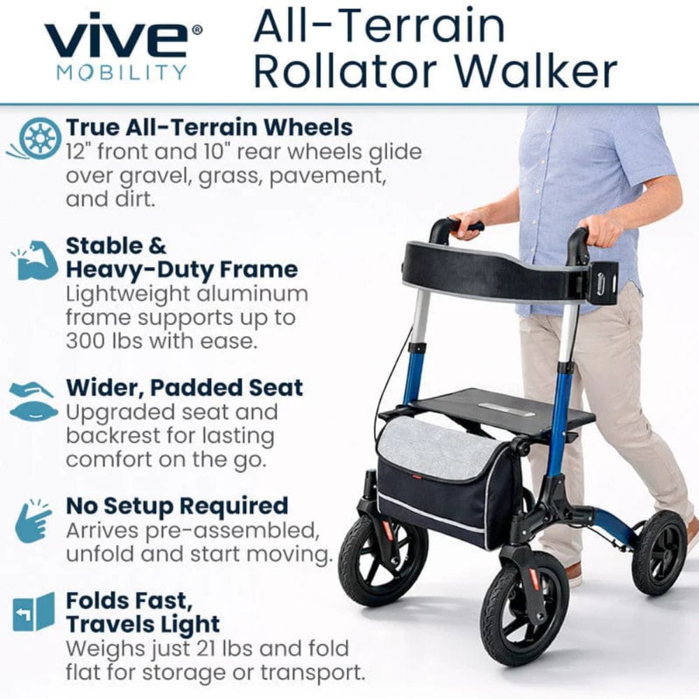 Rollator walker with wheels and handlebars on a white background