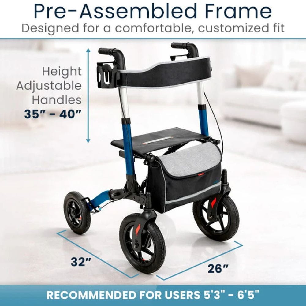 Rollator with height adjustable handles and dimensions displayed on a white background