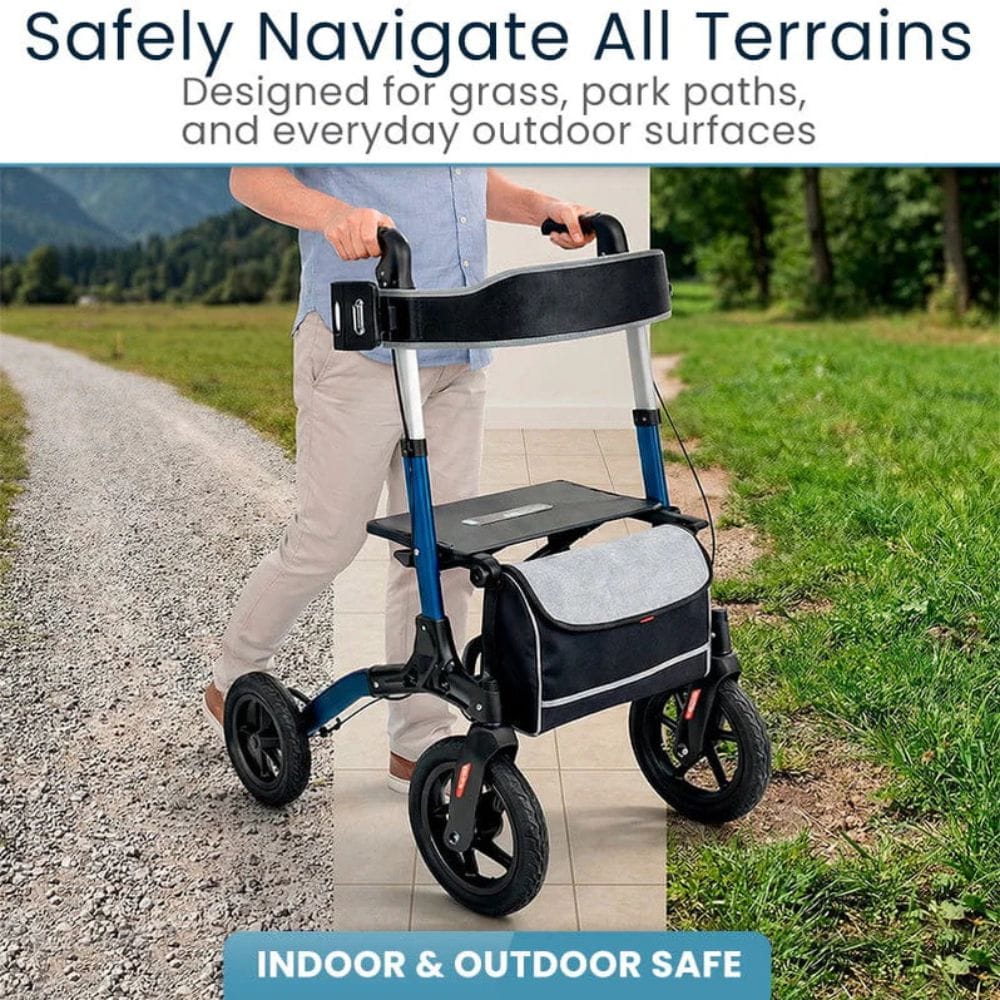 Person using a walker on a path with text about its use on various terrains.
