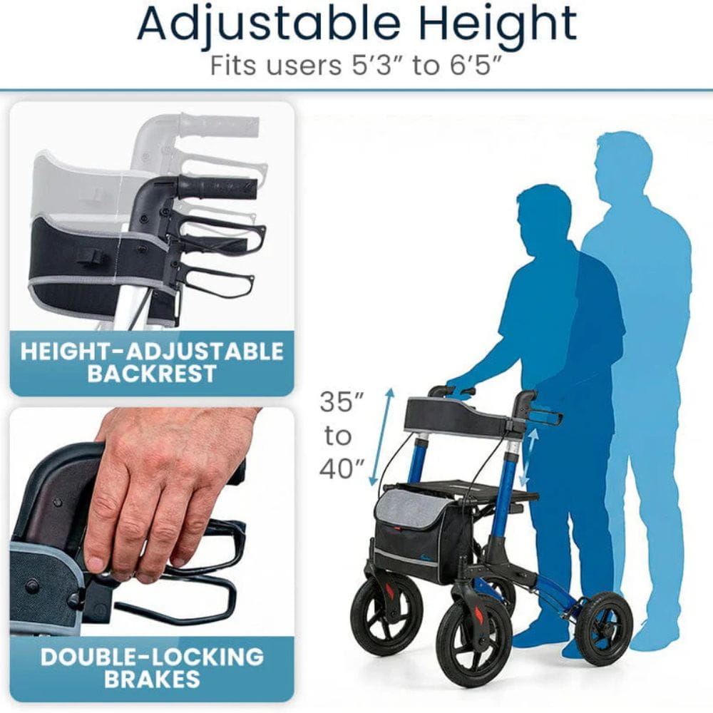 Rollator with adjustable height feature displayed on a white background