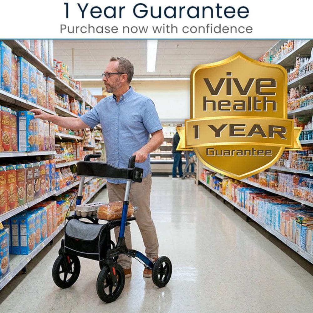 Man using a knee walker in a grocery store with 'Vive Health' 1-year guarantee badge.