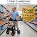 Man using a knee walker in a grocery store with 'Vive Health' 1-year guarantee badge.