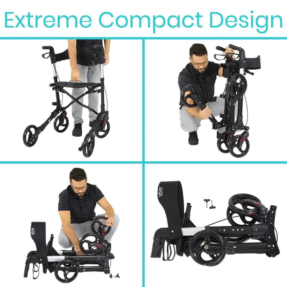 Collage showing a compact walking aid being folded and unfolded by a person.