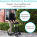 Man using a walker with text highlighting stabilizing assistance, mobility benefits, ergonomic design, and weight.