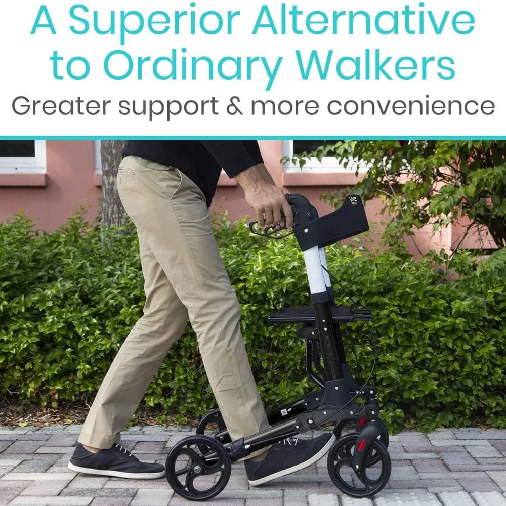 Person using a scooter with text 'A Superior Alternative to Ordinary Walkers' and 'Greater support & more convenience'.