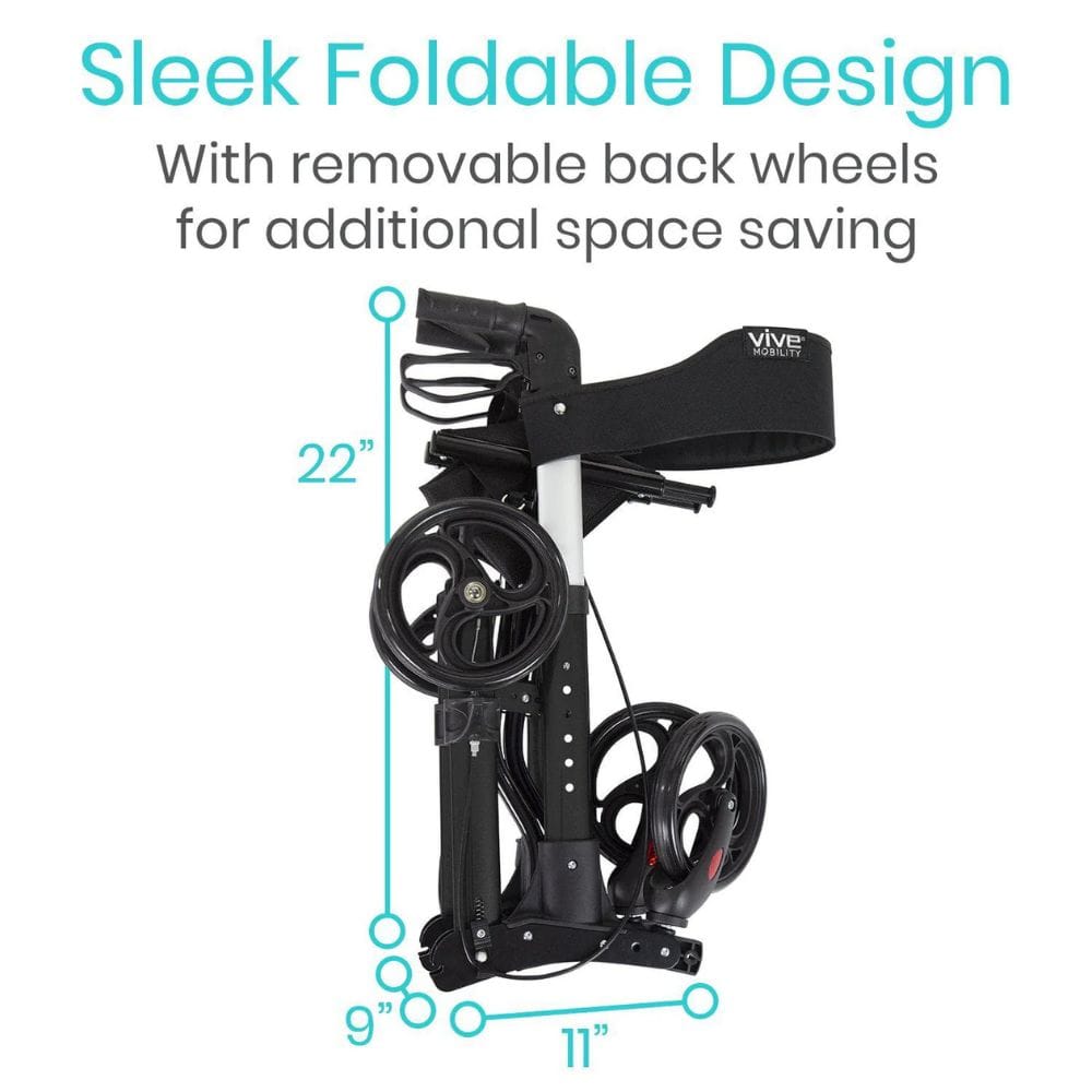 Foldable golf cart with dimensions and text highlighting space-saving feature, brand 'Vivue' visible.