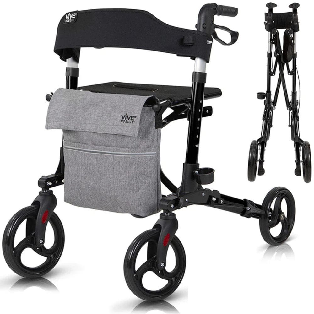Black and gray rollator with a seat and bag on a white background