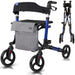 Rollator with a gray bag and blue frame on a white background