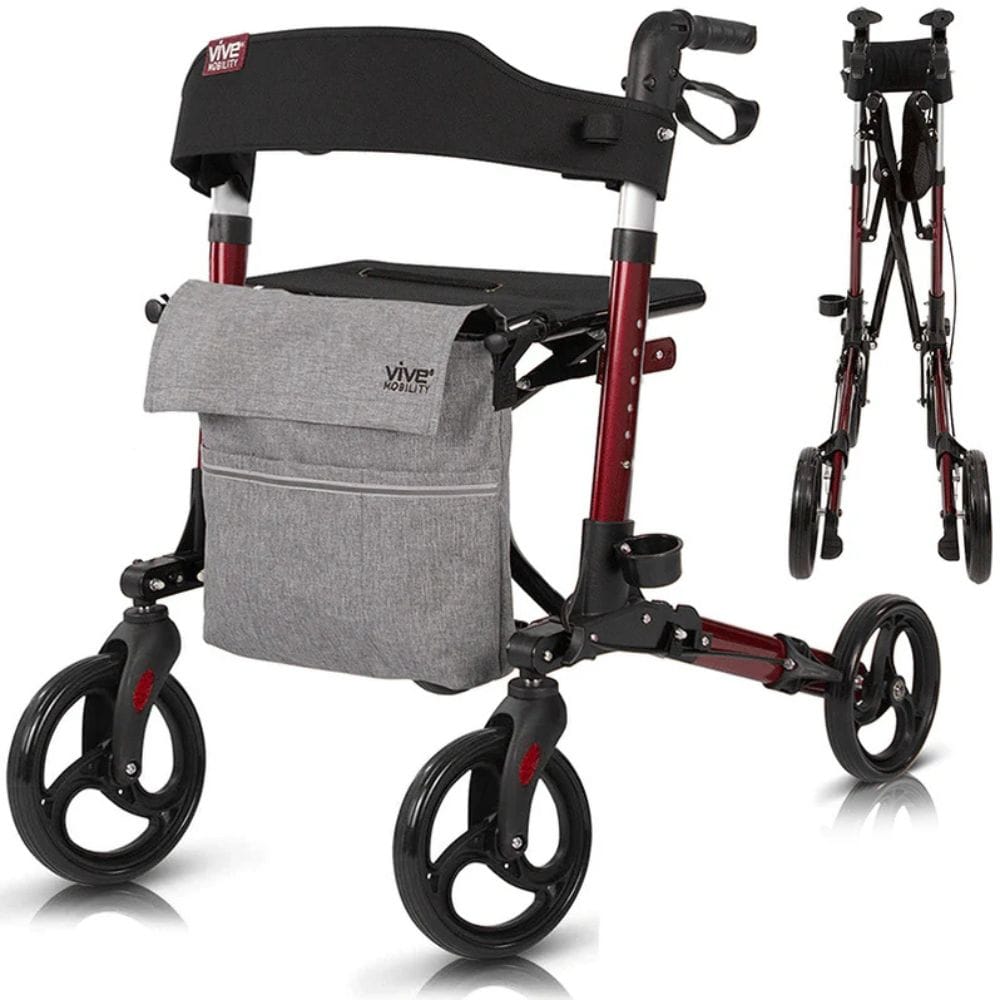 Rollator with a gray bag and black wheels on a white background