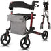 Rollator with a gray bag and black wheels on a white background