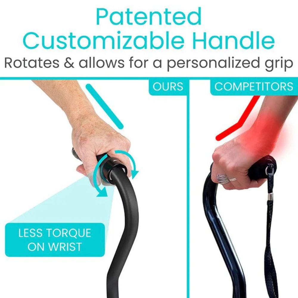 Comparison of a patented customizable handle design with text highlighting features.
