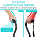 Comparison of a patented customizable handle design with text highlighting features.