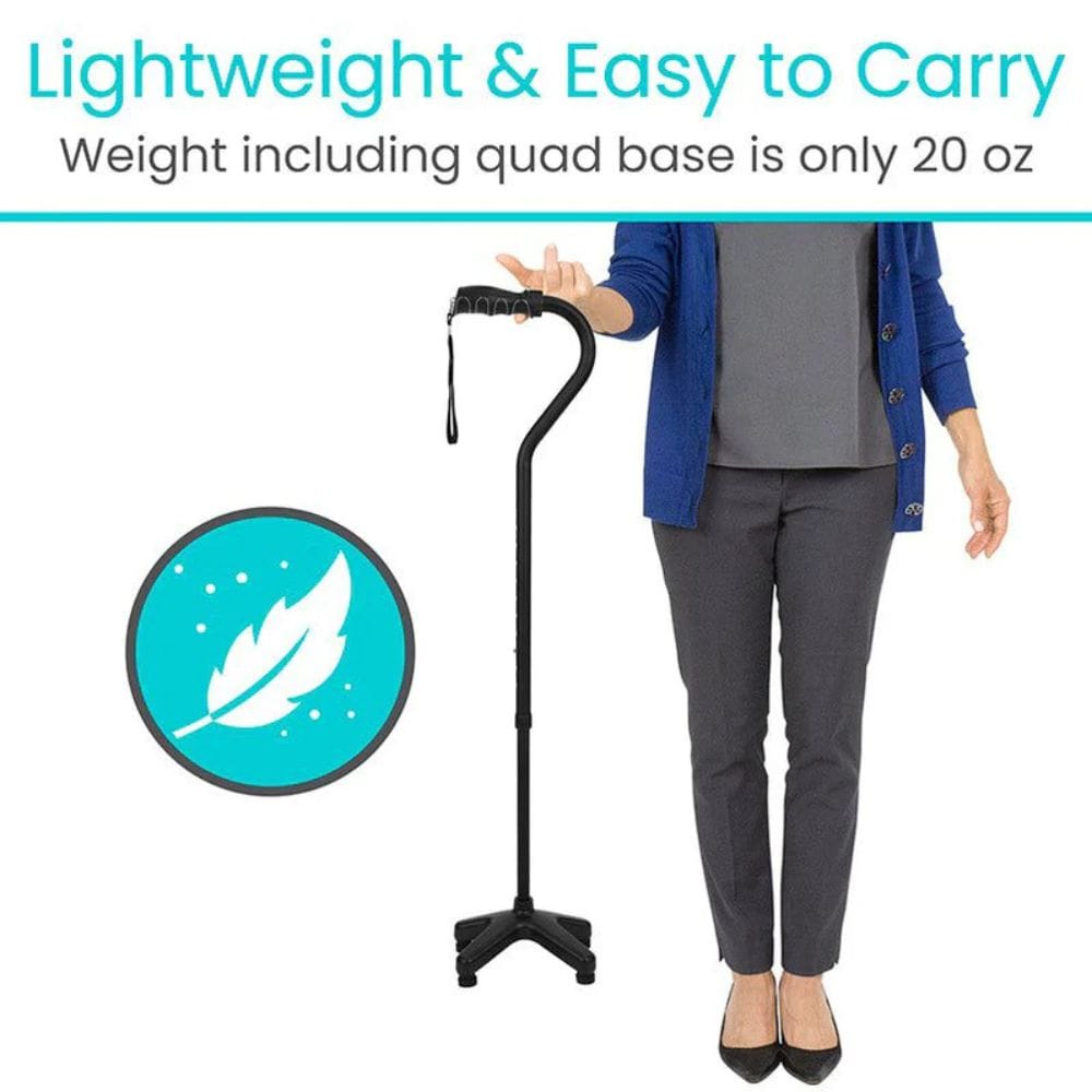 Person holding a black cane with text about its weight and ease of carrying.