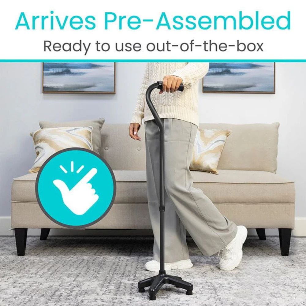 Person using a standing vacuum cleaner in a living room setting with text indicating it arrives pre-assembled.