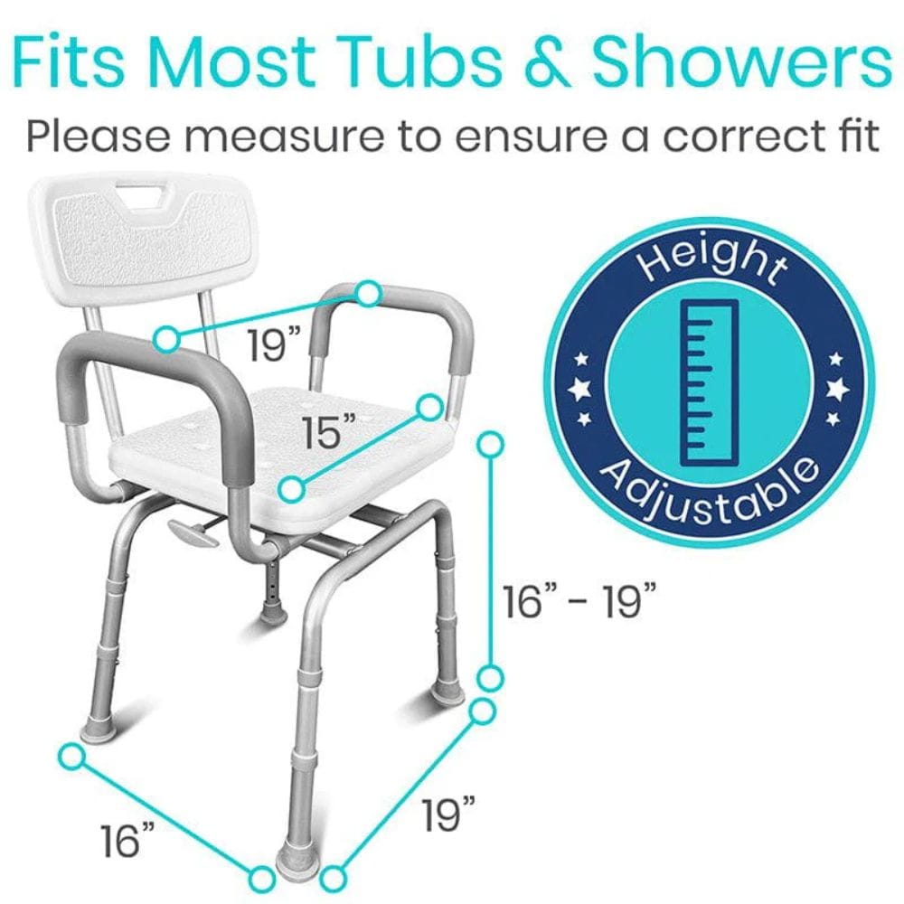 Measurement chart for a height-adjustable shower chair with dimensions and 'Height Adjustable' label.