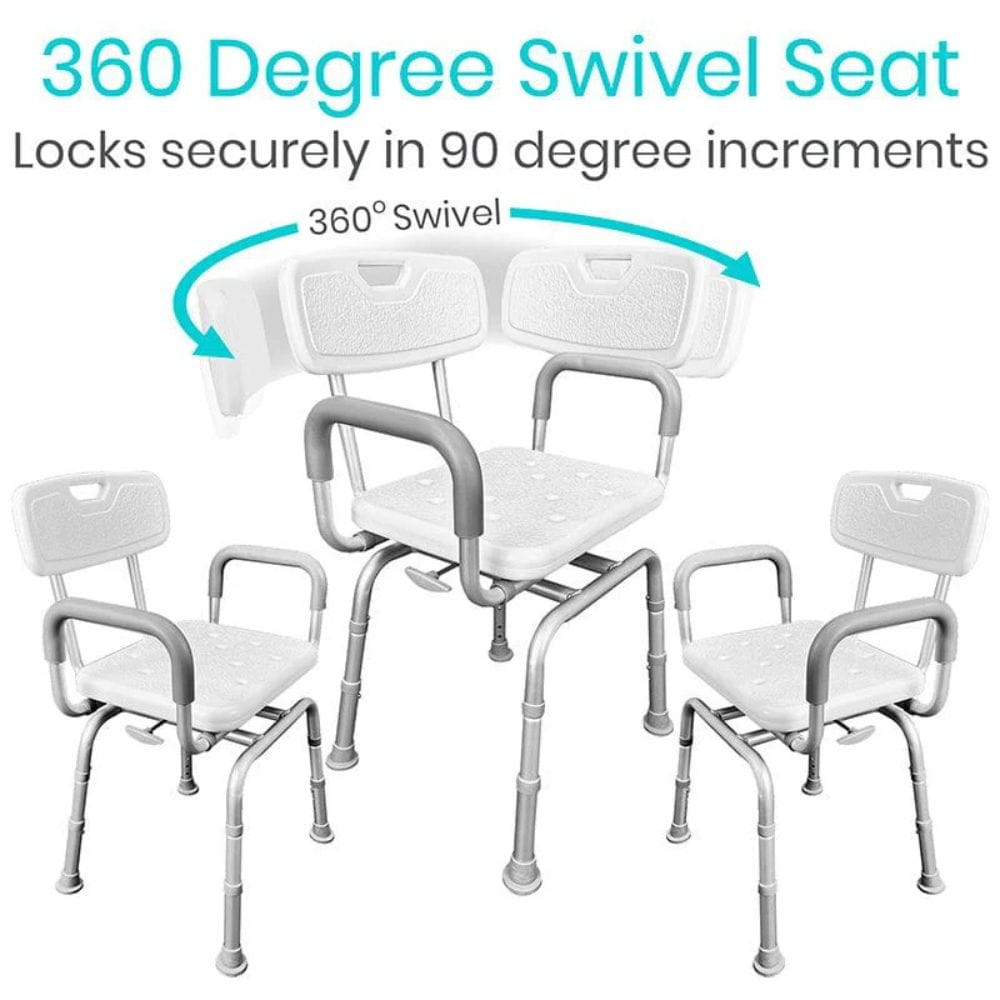 White shower chairs with gray arms and legs, featuring a 360-degree swivel seat on a white background.