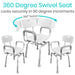 White shower chairs with gray arms and legs, featuring a 360-degree swivel seat on a white background.