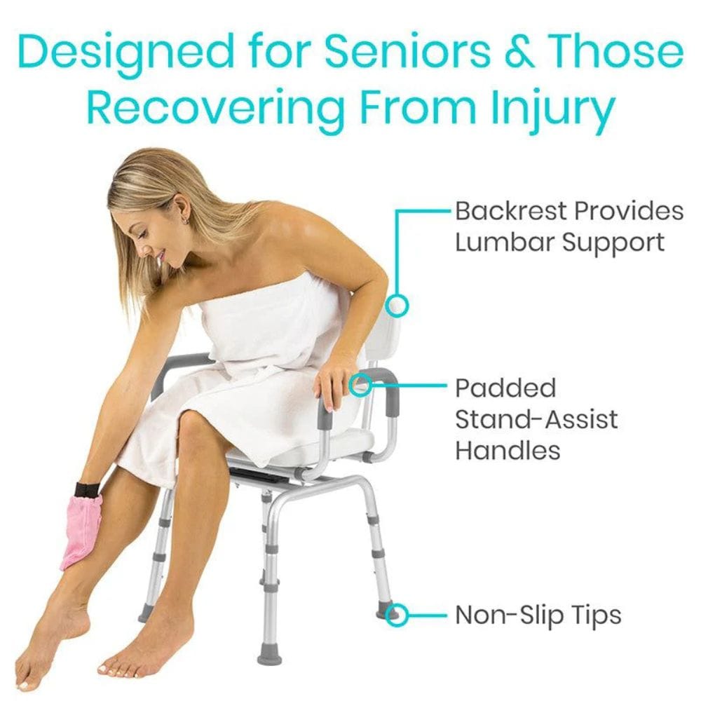 Woman using a shower chair with features highlighted on a white background