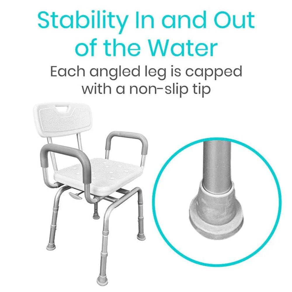 White shower chair with gray legs and arms, shown with a close-up of an angled leg cap on a white background.