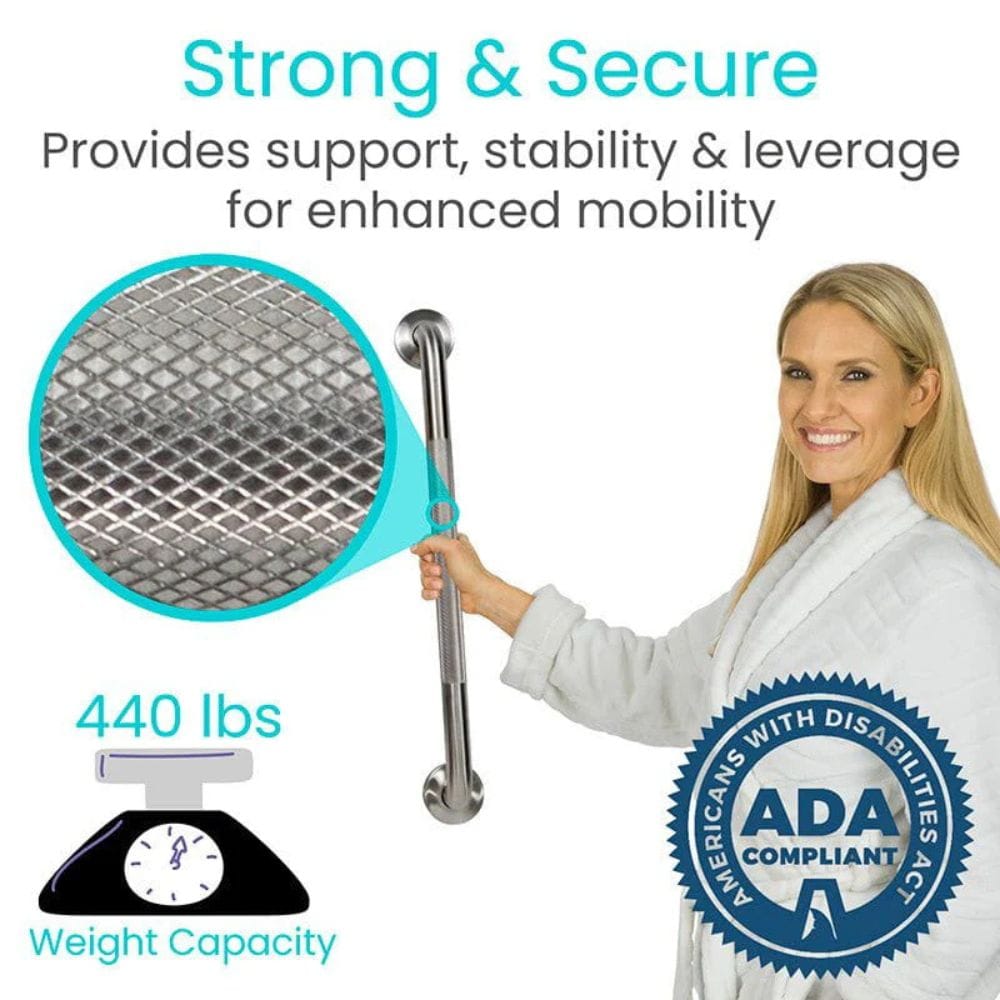 Woman holding a support bar with text about strength, security, and ADA compliance.