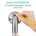 Hand using a pencil to mark a metal pipe with text about easy installation on various surfaces.